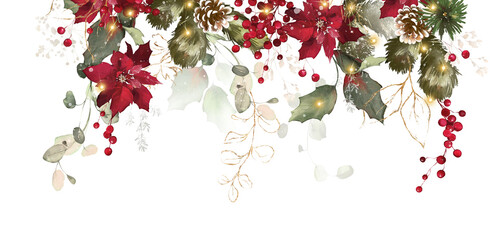 Christmas arrangements. Watercolor design for holiday. Berries, gold and herbs - 463857079
