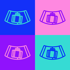 Pop art line Airport conveyor belt with passenger luggage, suitcase, bag, baggage icon isolated on color background. Vector