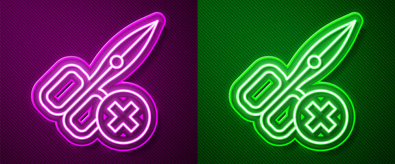Glowing neon line No scissors icon isolated on purple and green background. Vector