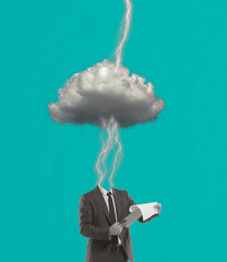 Modern design, contemporary art collage. Inspiration, idea, aspiration and fantasy, dreams. Male body and cloud instead head - obrazy, fototapety, plakaty