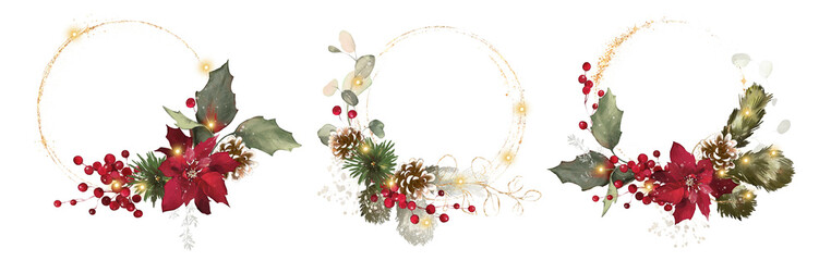 Christmas invitation design. Watercolor postcard for holiday. Berries, flowers, gold and herbs © lisima