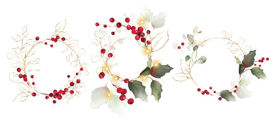 Christmas invitation design. Watercolor postcard for holiday. Berries, gold and herbs © lisima