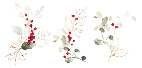 Christmas arrangements. Watercolor design for holiday. Berries, gold and herbs