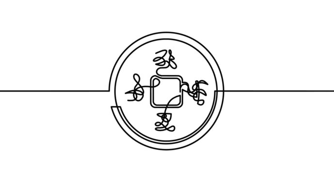 Abstract chinese coin as continuous lines drawing on white background. Vector