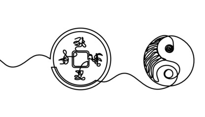 Abstract chinese coin as continuous lines drawing on white background. Vector