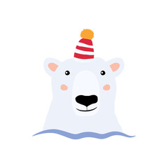 White polar bear swims in the sea. Bear head in a hat with a pom-pom. Cute baby illustration