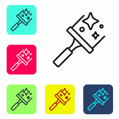 Black line Cleaning service with of rubber cleaner for windows icon isolated on white background. Squeegee, scraper, wiper. Set icons in color square buttons. Vector