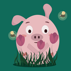 pink pig sitting in pink tulips, and fireflies flying around
