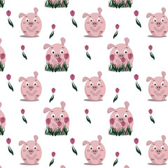 seamless pattern of pink pigs sitting in pink tulips