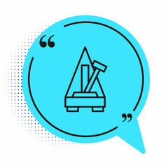 Black line Classic Metronome with pendulum in motion icon isolated on white background. Equipment of music and beat mechanism. Blue speech bubble symbol. Vector