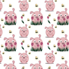 seamless pattern of pink pigs sitting in pink tulips with fireflies