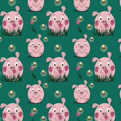 seamless pattern of pink pigs sitting in tulips with fireflies on a green background