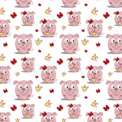 pattern a lot of little pink pig sitting and holding a bell,