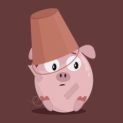little pink pig with a bucket bucket on his head on a dark background