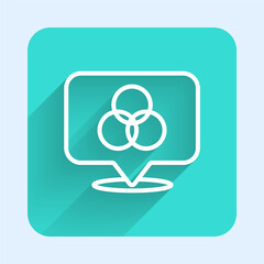 White line RGB and CMYK color mixing icon isolated with long shadow background. Green square button. Vector