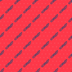 Blue line Machete or big knife icon isolated seamless pattern on red background. Vector