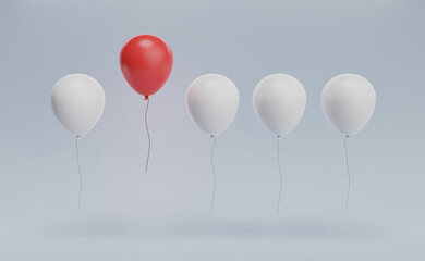 Successful business way, stand out from the crowd, different creative ideas, and develop working life concepts. One red balloon flying away from other white balloons on blue background. 3D render