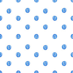 Hand painted seamless pattern with watercolor polka dots in ultramarine blue. Watercolor background, baby wallpaper, for printing on textiles, prints, graphic design. Classic style