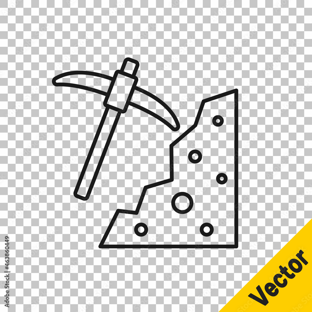 Poster black line pickaxe icon isolated on transparent background. vector