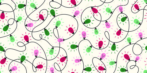 Christmas lights seamless repeat pattern, green and pink lightbulbs on off white background