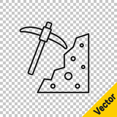 Black line Pickaxe icon isolated on transparent background. Vector