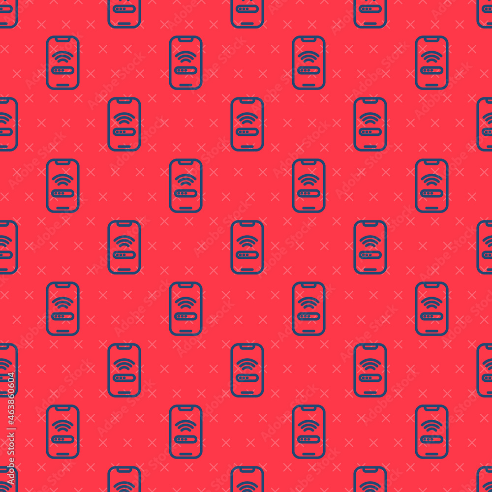 Poster blue line smartphone with free wi-fi wireless connection icon isolated seamless pattern on red backg