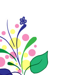 decorative floral pattern on white background. green leaf with blue flower illustration. yellow and pink bubbles. hand drawn vector. doodle art for wallpaper, poster, banner, greeting and invitation.
