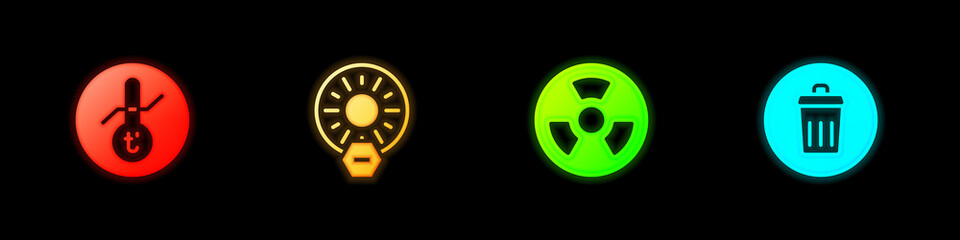 Set Meteorology thermometer, No direct sunlight, Radioactive and Trash can icon. Vector