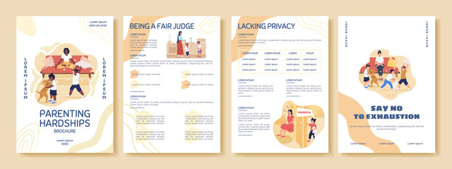 Parenting hardship flat vector brochure template. Flyer, booklet, printable leaflet design with flat illustrations. Magazine page, cartoon reports, infographic posters with text space