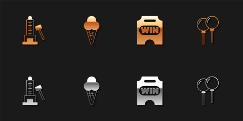 Set Striker attraction with hammer, Ice cream in waffle cone, Circus ticket and Balloons ribbon icon. Vector