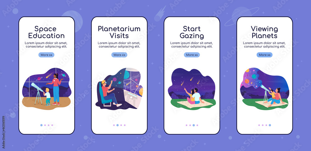 Poster space and science onboarding mobile app screen flat vector template. walkthrough website 4 steps wit