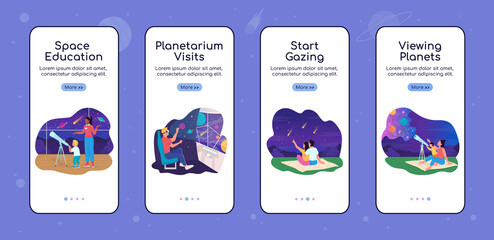 Space and science onboarding mobile app screen flat vector template. Walkthrough website 4 steps with characters. Creative UX, UI, GUI smartphone cartoon interface, case prints set - obrazy, fototapety, plakaty