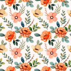 Seamless pattern of green brown floral watercolor
