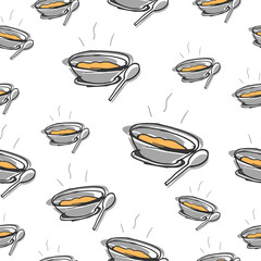 seamless pattern with soup bowl and spoon illustration on white background. hot soup. hand drawn vector. doodle art for wallpaper, wrapping paper and gift, backdrop, fabric, textile. asian cuisine. 