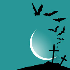 Flying bats over the grave. Vector illustraion