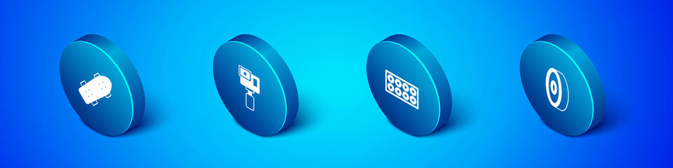 Set Isometric Skateboard, wheel, ball bearing and Action camera icon. Vector