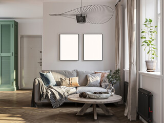 3d Rendering livinroom with comfortable gray sofa and table