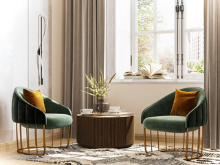 3d Rendering livinroom with comfortable chairs and wood table