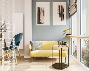 3d Rendering room with yellow sofa table and big window
