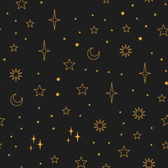 Fototapeta premium Stars seamless pattern with sun, moon. Mystical esoteric background for astrology design. Cosmos and space texture background.