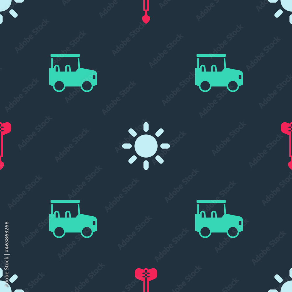Poster set arrow, sun and safari car on seamless pattern. vector