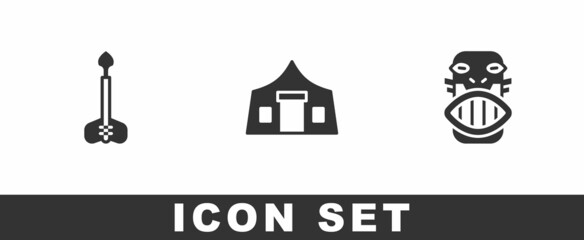 Set Arrow, Tourist tent and Mexican mayan or aztec mask icon. Vector