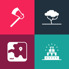 Set pop art Chichen Itza in Mayan, Africa safari map, African tree and Wooden axe icon. Vector