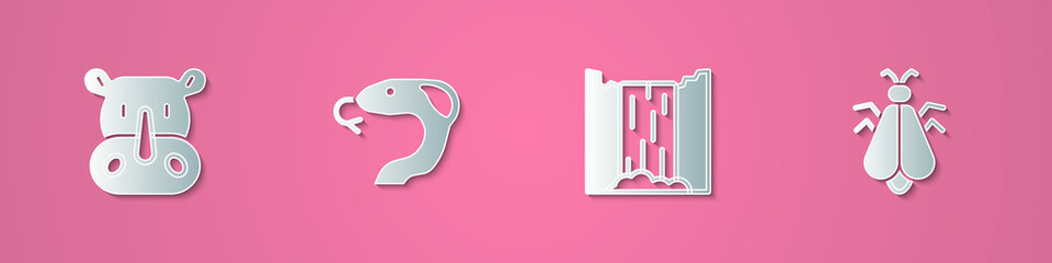 Set paper cut Rhinoceros, Snake, Waterfall and Mosquito icon. Paper art style. Vector