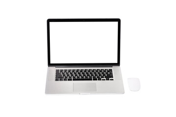 blank screen of Laptop or Notebook and mouse wireless isolated on white background.
