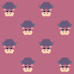 Fototapeta premium Seamless vector pattern with cute yaks, buffaloes character. Cute vector illustration for kids. Perfect print for fabric, textile, wallpaper, poster, postcard and gift wrapping. Pastel colors