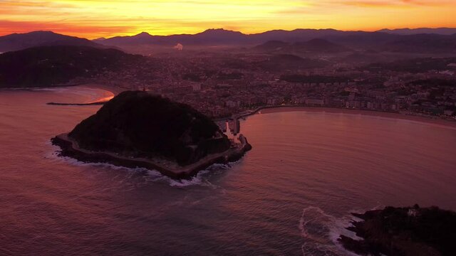 Aerial view of San Sebastian basque country region north of Spain during sunrise