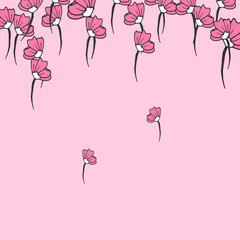 beautiful pink flower illustration on pink background. flying flower. hand drawn vector, repeat pattern. romantic background. doodle art for wallpaper, greeting and invitation card, poster, postcard. 