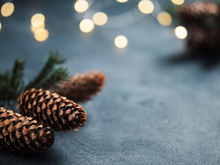 Christmas tree branches with cones Christmas background with bokeh garlands.