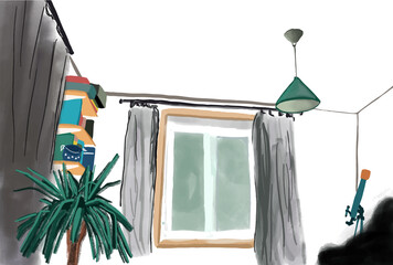 Hand drawn colourful sketch of the room with big yucca plant window curtains lamp and telescope. Vector interior design concept in doodle cartoon style.